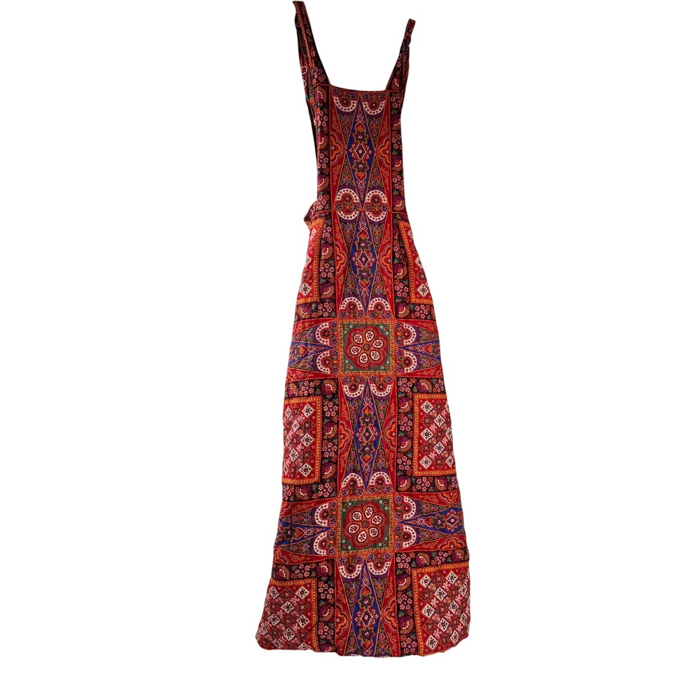Vintage 1970s Indian Block Print Pinafore Smock Maxi Dress w/ Pockets Sz 10